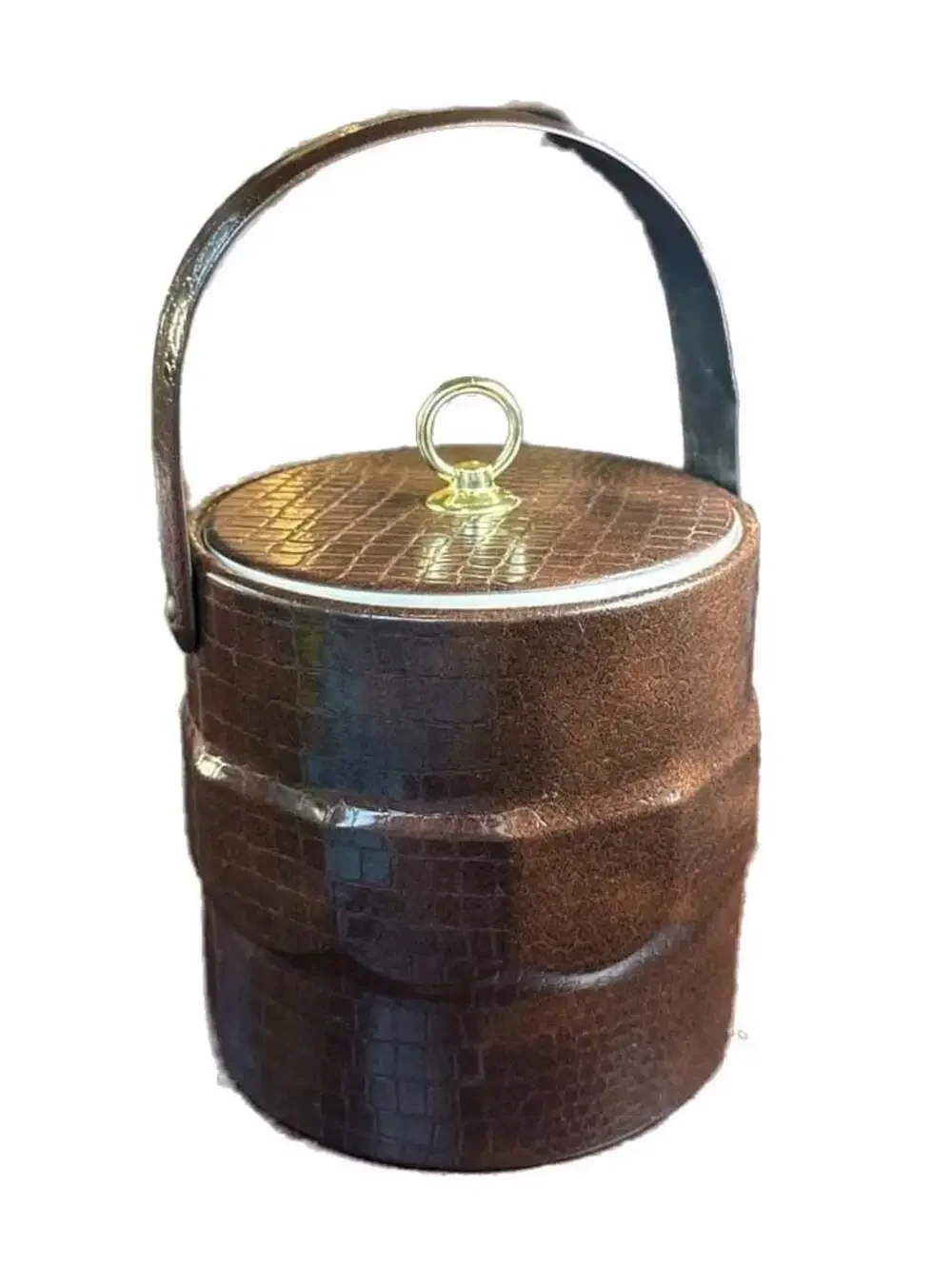 Vintage MCM Brown Faux Crocodile Embossed Leather Ice Bucket with Gold Ring